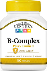 B-Complex with Vitamin C supplements UAE 21st Century white bottle yellow cap 100 tablets energy support